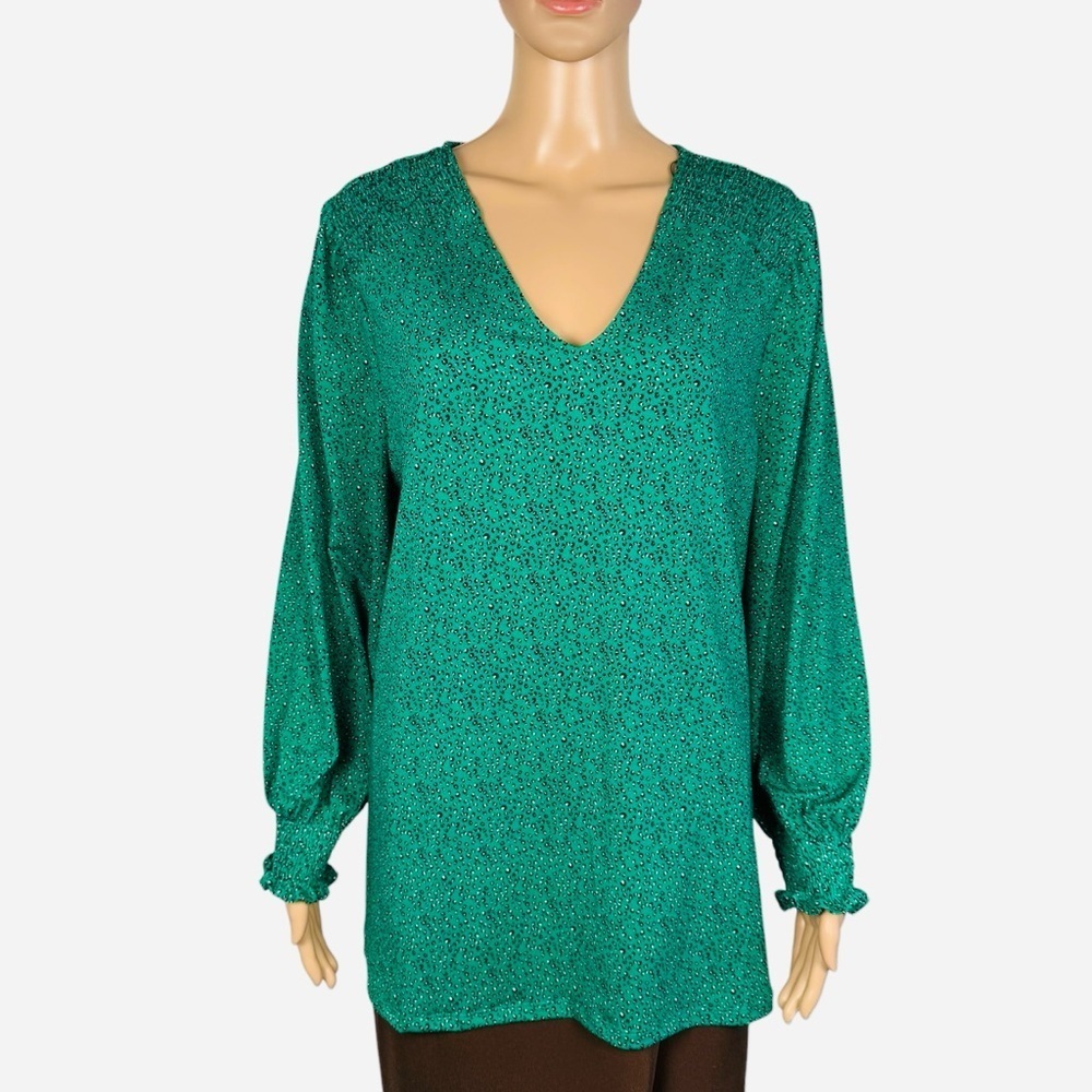 NWT New $79 Adrianna Papell Green Cheetah Print Long Sleeve Blouse Size 2X